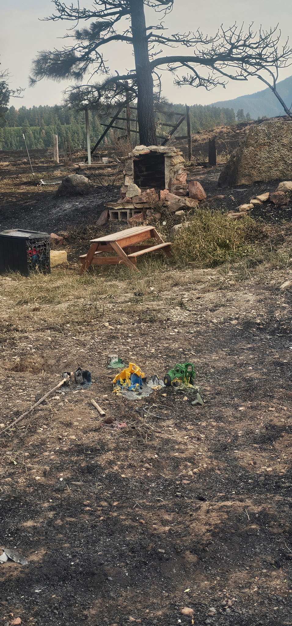 Burned yard and belongings after the Aspen Acres Fire near Rye Colorado